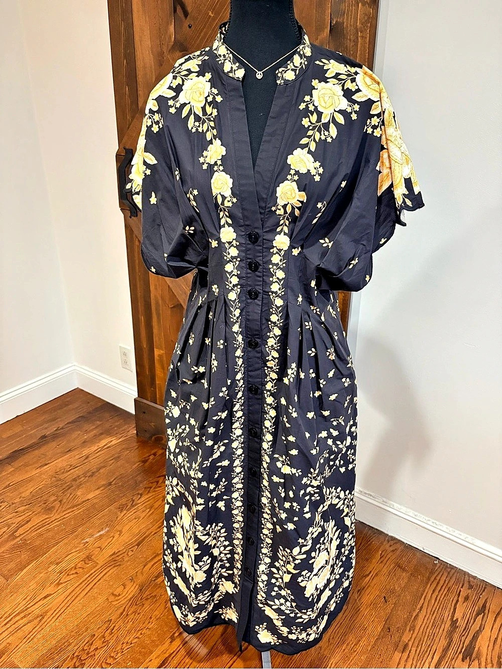Farm Rio Floral Midi Dress in Black & Yellow Size Small NWT